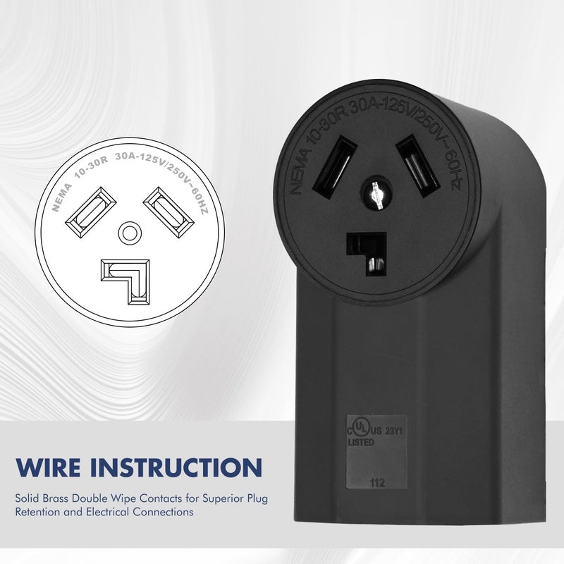 micmi NEMA 10-30R Receptacle 3-Pole 3-Wire Surface Mount Range Power Receptacle, Industrial Grade 30A 125/250V UL Listed, Black (NEMA 10-30R) - Image 4